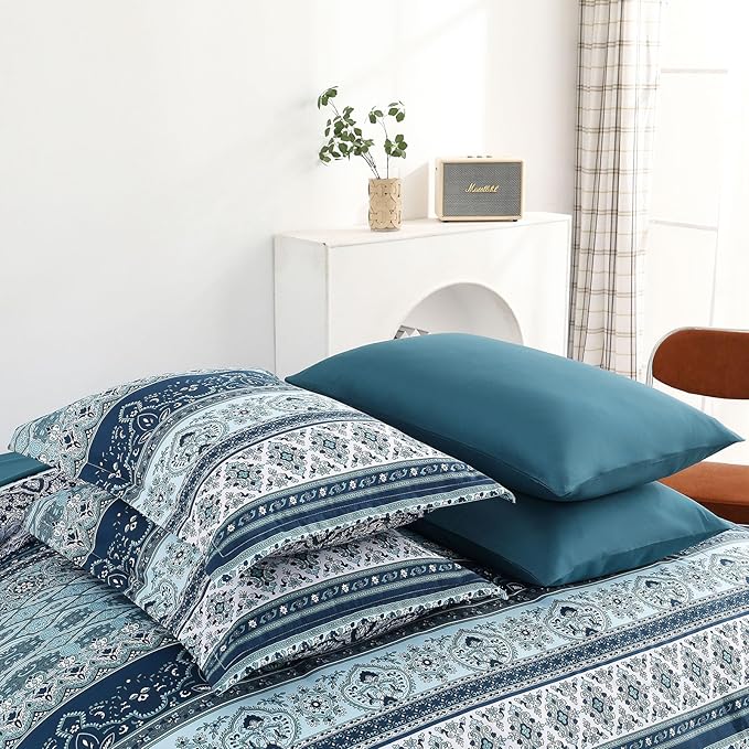 Cottolester Boho Blue Comforter Set Queen Size 8 Pieces,Teal Blue Comforter Bohemian Striped Bed in A Bag,Soft Microfiber Bedding Set for All Seasons