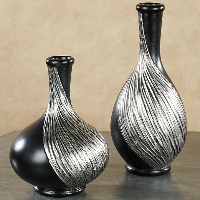 Textured Swirl Silver Black Decorative Modern Table Vases Set of 2