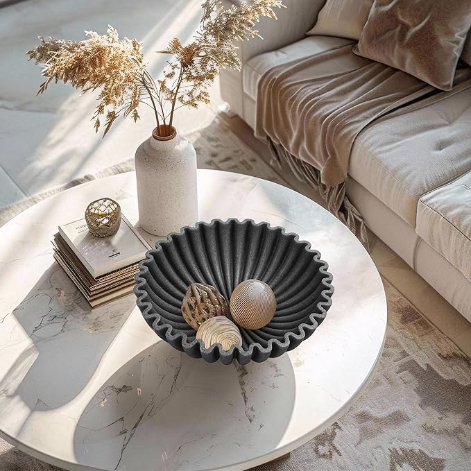 Large Decorative Bowl, Modern Handicraft Bowls for Home Decor, Decorative Fruit Bowl for Kitchen, Ruffle Bowl Decor, Stylish Key bowl for Entry Table, Artificial Stone Black