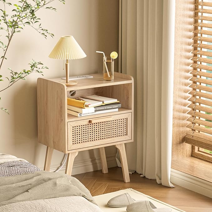 Lerliuo Rattan Nightstand with Charging Station, Boho Night Stand with Handmade Natural Rattan Drawer and Open Shelf, Cane Accent Side End Tables with Solid Wood Legs for Bedroom, Dorm, Small Spaces