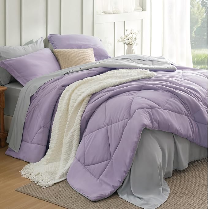 Bedsure Full Size Comforter Set - 7 Pieces Reversible Light Purple Bedding, Full Size Bed Set for All Seasons, Bed in a Bag with Down Alternative Comforter, Sheets, Pillowcases & Shams