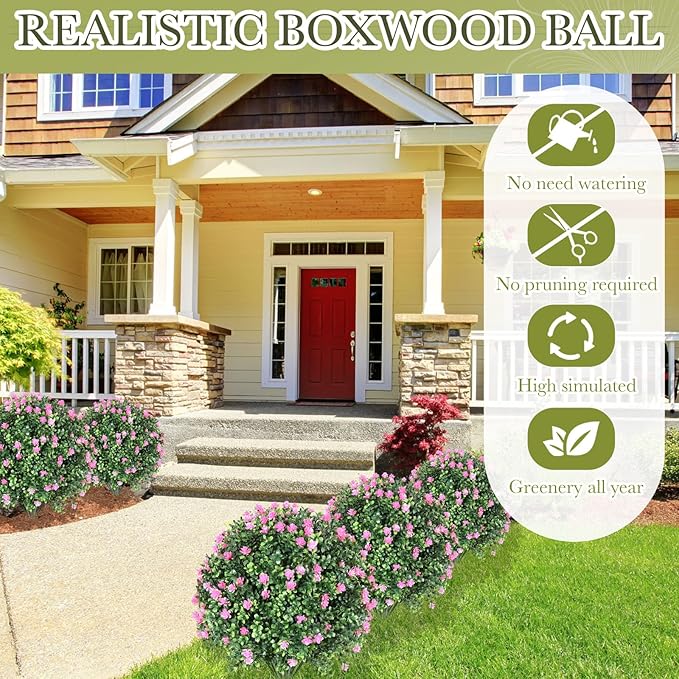 Yunlly Set of 2 Artificial Boxwood Topiary Ball Tree Fake Bushes Shrubs Outdoor Faux Plant with Ground Spike Flowers UV Resistance Greenery for Front Porch Garden Patio Indoor(Light Pink,27x18inch)