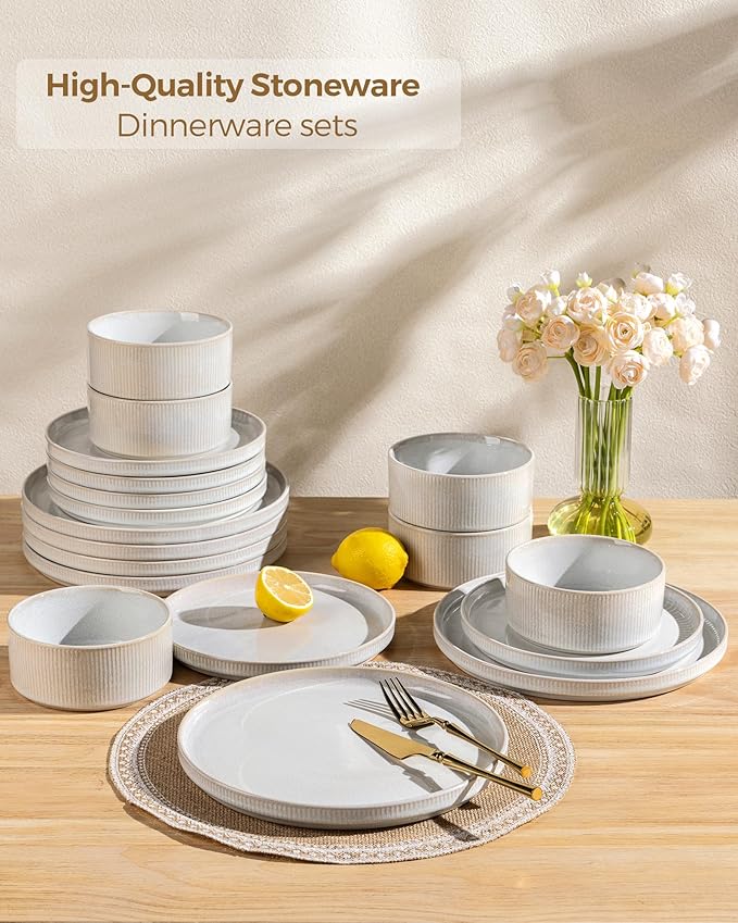 GBHOME Stoneware Dinnerware Sets for 8,Round Reactive Glaze Ceramic Plates and Bowls Set,Highly Scratch Resistant| Dishwasher & Microwave Safe Dishes Set,Service for 8(24Pcs)