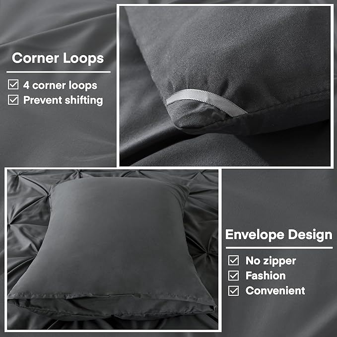 Andency Gray Pinch Pleat Comforter Twin(66x90Inch), 2 Pieces Grey Pintuck Bed, Microfiber Down Alternative Bedding Set with 1 Pillowcase