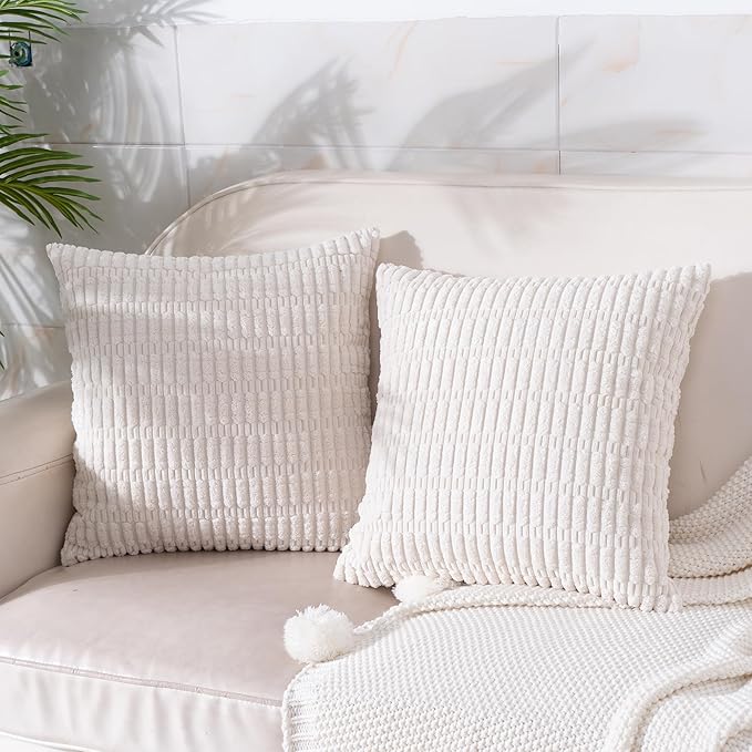 Corduroy Decorative Throw Pillow Covers 16x16 Inch Set of 2, Soft Boho Striped Spring Pillow Covers Modern Farmhouse Home Decor for Sofa Living Room Couch Bed Cream White