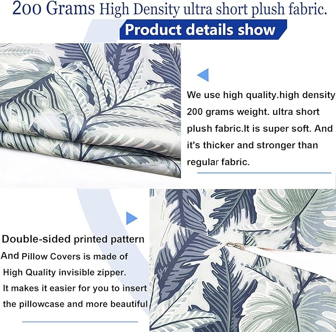 Decorative Throw Pillow Covers Set of 2 Blue Green Large Leaves Pillow Covers 20x20 inch Soft Short Plush Square Floral Throw Pillows,Farmhouse Outdoor Pillow Covers for Couch Living Room