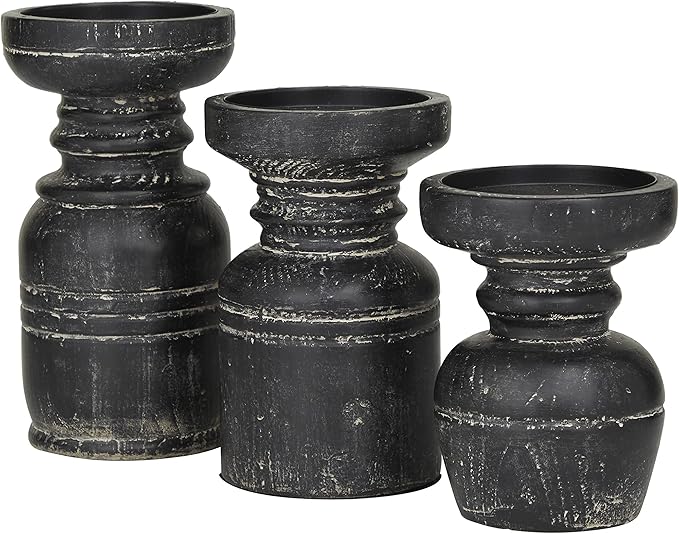 Deco 79 Wood Decorative Candle Holder Candle Stand, Set of 3 Candlestick Holder 9", 7", 6"H, Black