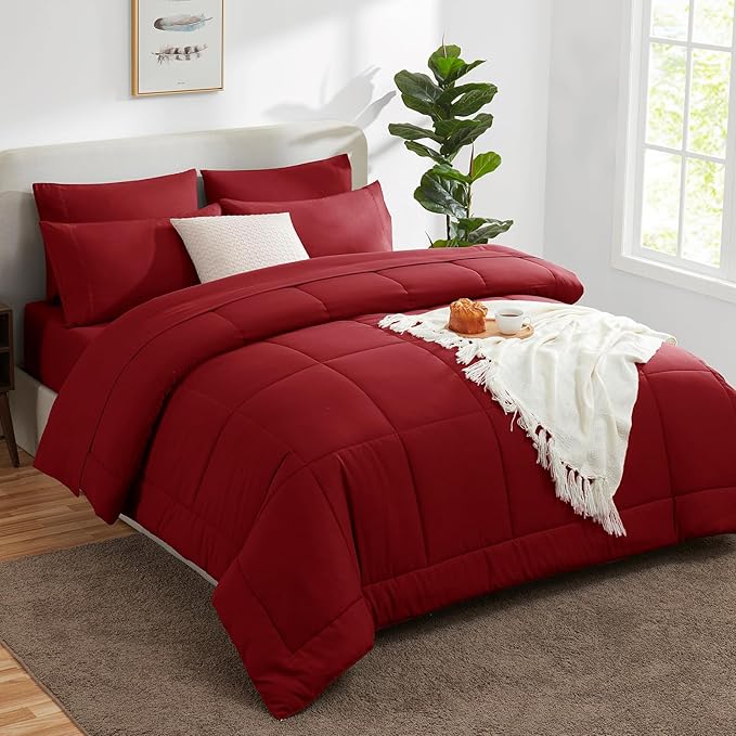 CozyLux Queen Comforter Set Dark Red, 7 Pieces Bed in a Bag, Red Comforter Queen Size, All Season Bedding Sets with Stitch Quilted Comforter, Flat Sheet, Fitted Sheet, Pillowcases