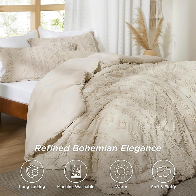 Bedsure Tufted Boho Comforter Set King Size - Beige Boho Bed Set, GentleSoft™ 3 Pieces Farmhouse Shabby Chic Embroidery Bedding, Gifts for Woman, Soft Jacquard King Comforter for All Seasons