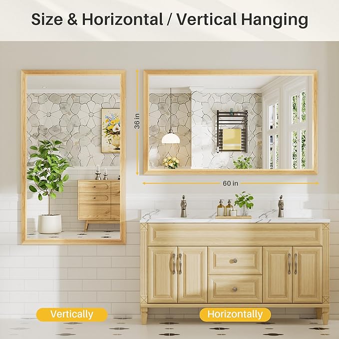 60x36 Inch Bathroom Mirror for Wall, Anti-Rust Oak Wood Grain Metal Framed Bathroom Mirrors for Over Sink,Rectangler Mirrors for Bathroom Vanity, Farmhouse, Bedroom, Living Room, Entryway Decor