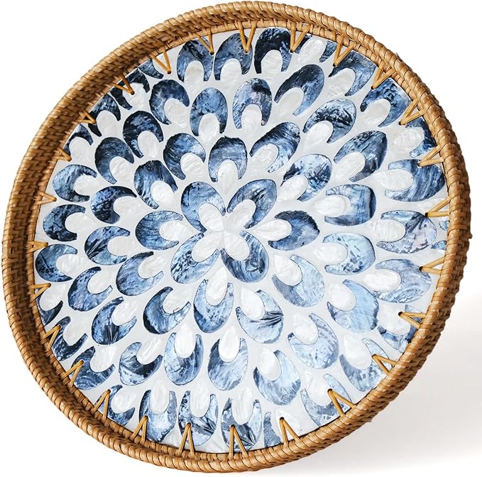 13.8 in Decorative Round Rattan Tray with Mother of Pearl Inlay & Wooden Base for Table Decor, Home Decor, Boho Decor, Food Display & Storage - Perfect for Coffee Bread, Fruits & More (Plume Design)