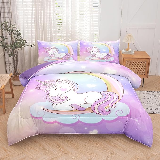 Tailor Shop Unicorn Girls Comforter Sets Full Size,Unicorn Purple Bedding Sets for Girls Kids Teens with 2 Pillowcase