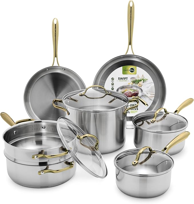 GreenPan 11 Piece Stainless Steel Cookware Set, Induction Ready, Measurement Markings, Dishwasher & Oven Safe 600F, Pots & Pans, Sauce, Saute, Frying Pans, Gold