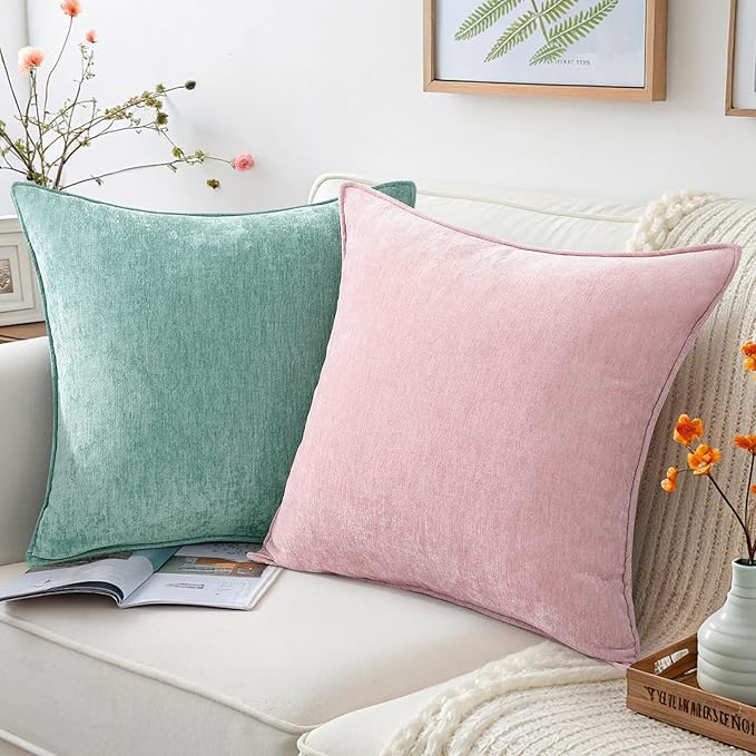 decorUhome Couch Throw Pillow Covers 22x22 Set of 2, Decorative Soft Euro Neutral Chenille Pillow Covers with Elegant Design for Sofa Bed Living Room Home Decor, Blush Pink