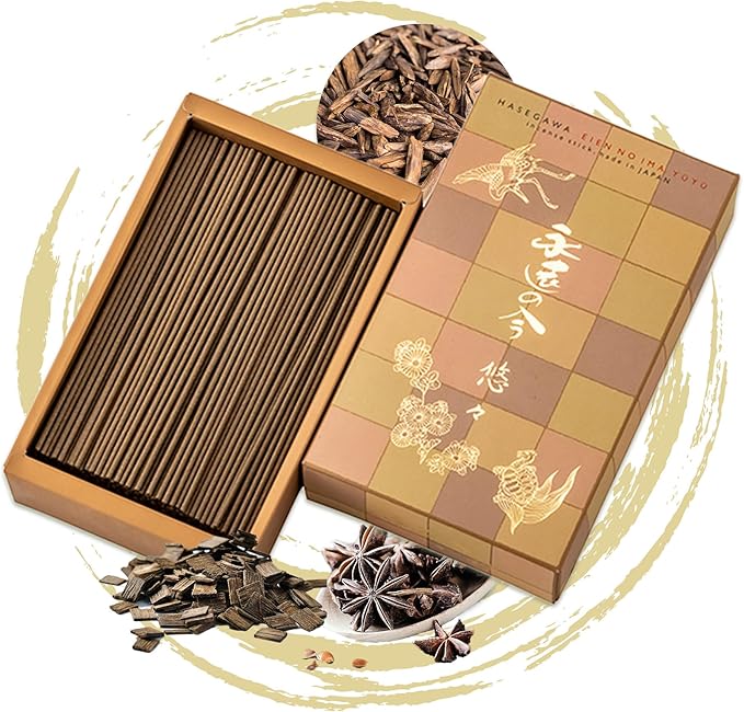 Hasegawa 永遠の今 悠々 | Low Smoke Japanese Incense Sticks | Tranquil Agarwood & Sandalwood Blend | 5.3-inch, 30-Minute Burn, No Synthetic Fragrances, 100g Pack