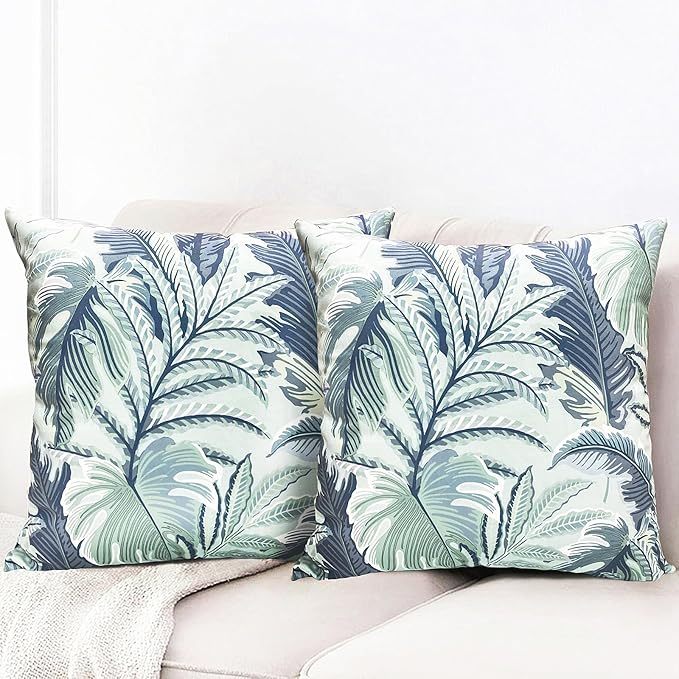 Decorative Throw Pillow Covers Set of 2 Blue Green Large Leaves Pillow Covers 18x18 inch Soft Short Plush Square Floral Throw Pillows,Farmhouse Outdoor Pillow Covers for Couch Living Room