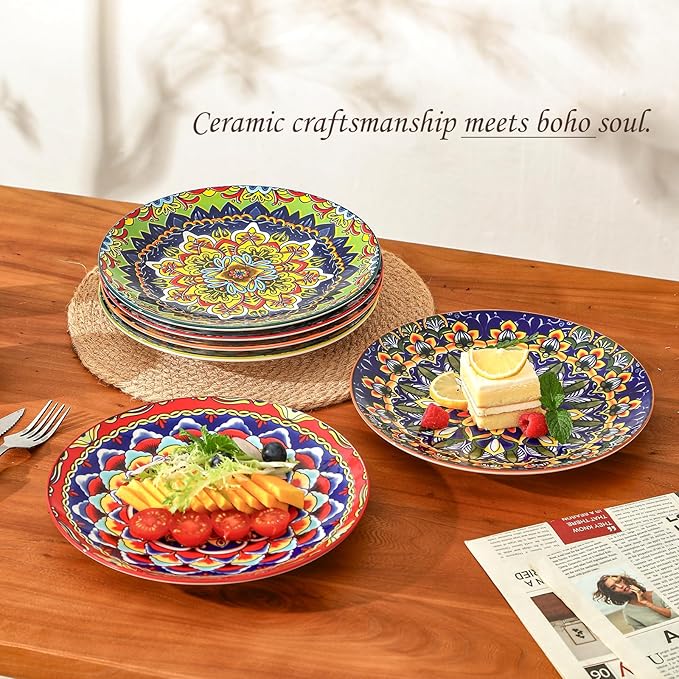 AHX Colorful Ceramic Plate Set of 6 – 8.7 Inch Bohemian Porcelain Plates for Serving Dessert, Appetizer and Salad – Microwave and Dishwasher Safe - Perfect for Party, Daily Meals and Gift Occasions