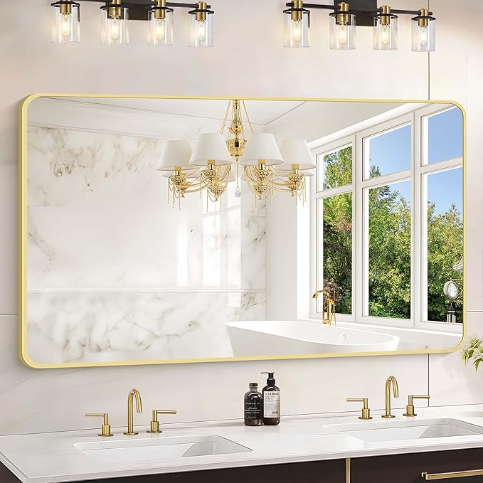 55"x30" Gold Bathroom Mirror, Large Rectangle Mirror, Rectangular Wall Mirror, Rounded Corner Vanity Mirror with Aluminum Metal Frame for Bathroom Bedroom Living Room Horizontal/Vertical