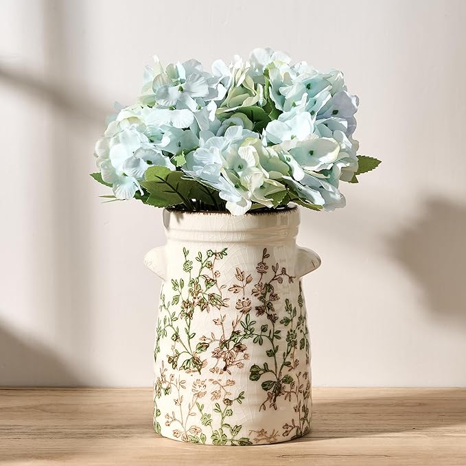 SIDUCAL Ceramic Green and Beige Retro Vase with Two-Ear, 7.6 Inch Ice Cracked Vintage Pastoral Vase, Rustic Farmhouse Vases for Home Decor, Table, Living Room, Shelf Decor, Chinoiserie Decor