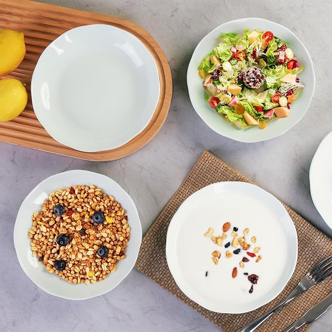 Small Pasta Bowls Set of 8, 16 Oz, 8 inch, Salad bowls, Ceramic bowls, Microwave & Dishwasher Safe, Light Colored Wave Edge