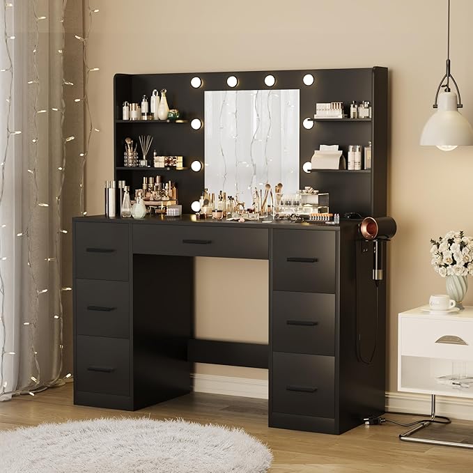 Furmax Vanity Desk with Mirror, LED Lights and Power Outlet Makeup Vanity Table with 7 Drawers and 6 Storage Shelves Dressing Table for Bedroom Dressing Room (Black)