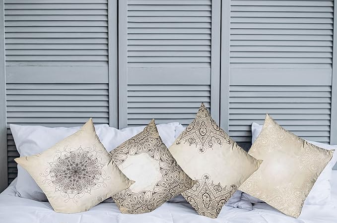 Ambesonne Ethnic Throw Pillow Cushion Case Pack of 4, Mandala Design Cultural Folkloric Motifs Swirling Floral Style Art Illustration, Modern Accent Double-Sided Digital Printing, 24", Eggshell Brown