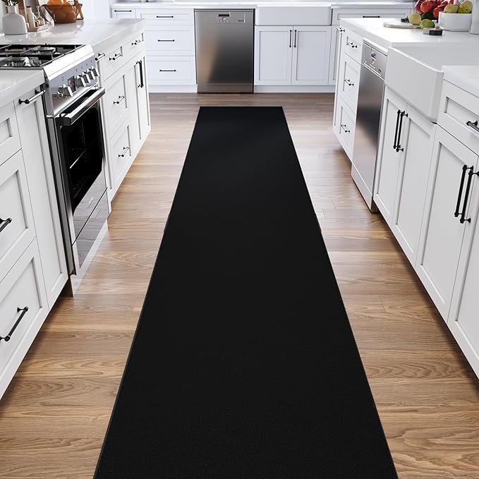 Ottomanson 3x22 Non Slip Extra Long Hallway Runner Rug with Rubber Backing - Solid Modern Kitchen Rug for Bedroom or Living Room, Black, 2'7" x 22'