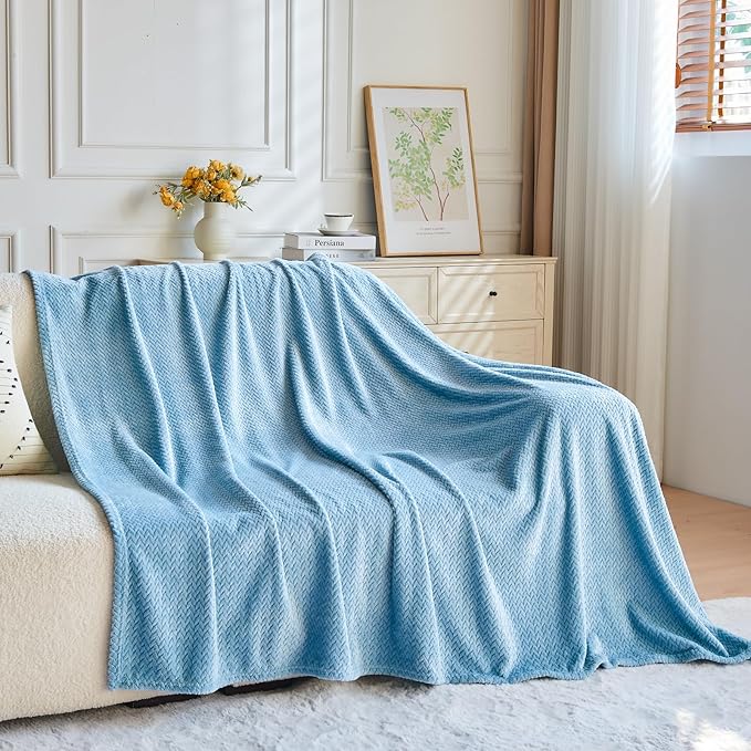 NEWCOSPLAY Super Soft Twin Blanket Light Blue Premium Silky Flannel Fleece Leaves Pattern Lightweight Bed Blanket All Season Use (Light Blue, Twin(60"x80"))