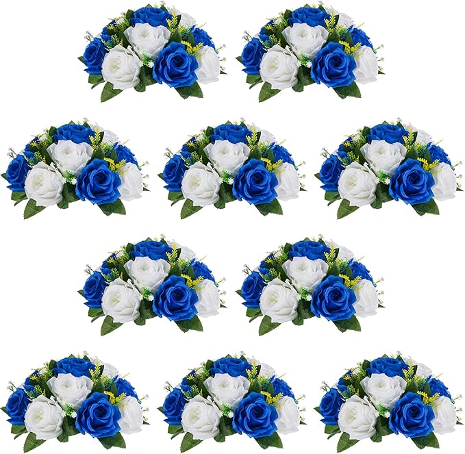 NUPTIO Flower Ball Arrangement Bouquet - 10 Pcs 9.5 inch Diameter Royal Blue Fake Flowers Roses Balls for Centerpieces Tables - Artificial Rose Arrangements for Wedding Centerpiece Table Decorations