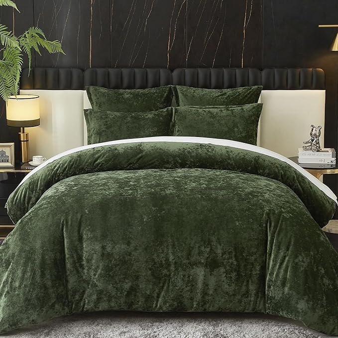 Ivellow Crushed Velvet Comforter Set King Green Comforter Set 5pcs Ultra Soft Lightweight Breathable Bedding Set Luxury Cozy Flannel Comforter King Size (1 Comforter,2 Pillow Shams, 2 Euro Shams