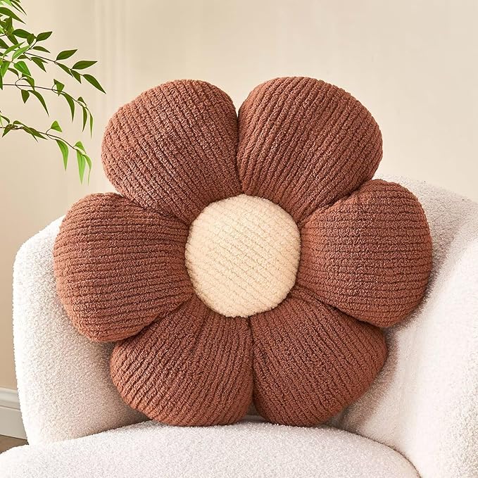 Flower Throw Pillow, Soft Brown 19.6" Shaped Floor Pillow for Home Decor, Cute Aesthetic Plush Decorative Pillows for Bed, Sofa, Couch