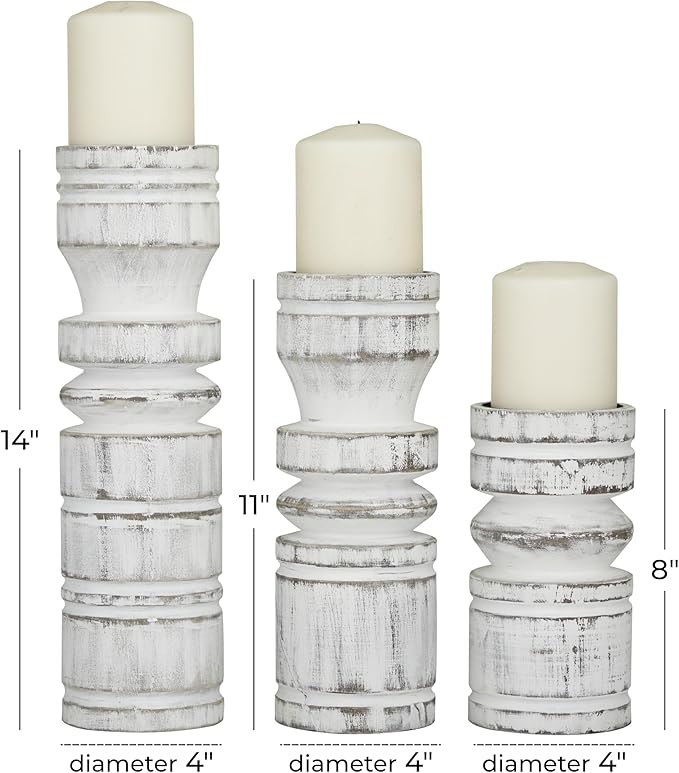 Deco 79 Wood Decorative Candle Holder Candle Stand, Set of 3 Candlestick Holder 14", 11", 8" H, White