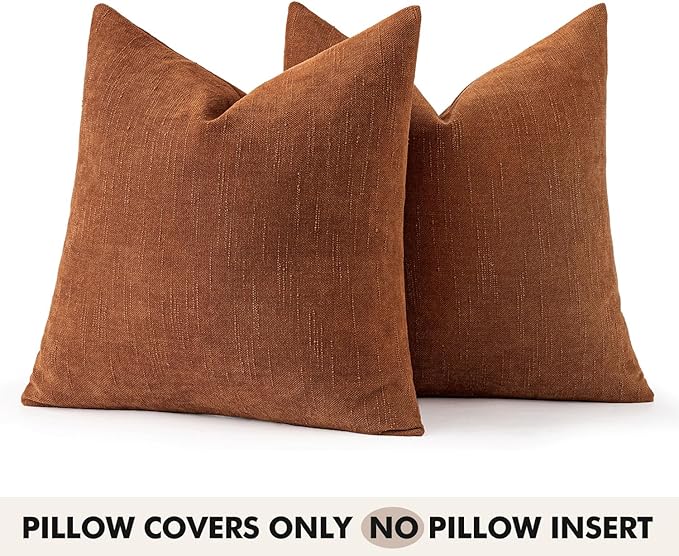 Woaboy Set of 2 Textured Throw Pillow Covers Decorative Soft Accent Chenille Fall Pillowcases Neutral Farmhouse Cushions Modern Home Decor for Couch Sofa Bedroom Living Room 22x22 Inch,Brown Rust