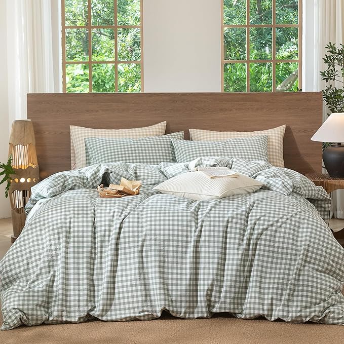 MooMee Gingham Duvet Cover Set 100% Washed Cotton Linen Like Textured Breathable Durable Soft Comfy Modern Checkered Design (Sage Green Gingham, Queen 90"x90")