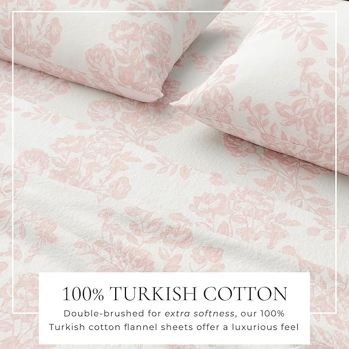 Great Bay Home Flannel Sheet Set Twin Size - 100% Turkish Cotton, Double-Brushed, Winter Floral Bed Sheets - Ultra-Soft, Cozy, 3-Piece Bedding Set (Toile - Blush Pink)