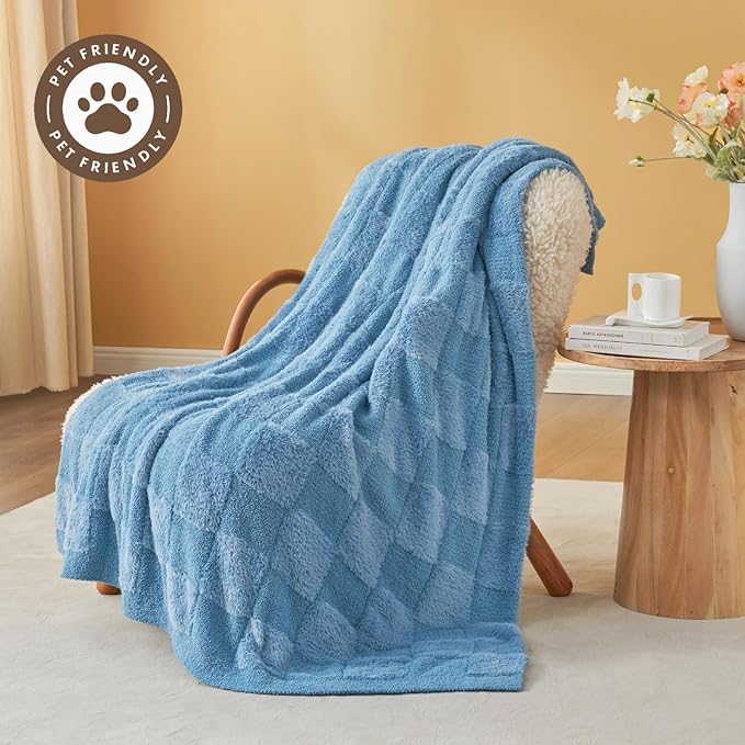 Snuggle Sac Faux Fur Checkered Blanket Twin Size with Soft Knitted Microfiber Fabric,Cozy Soft Warm Blanket for Sofa Bedroom Living Room,Solid Blue,60x80 inches