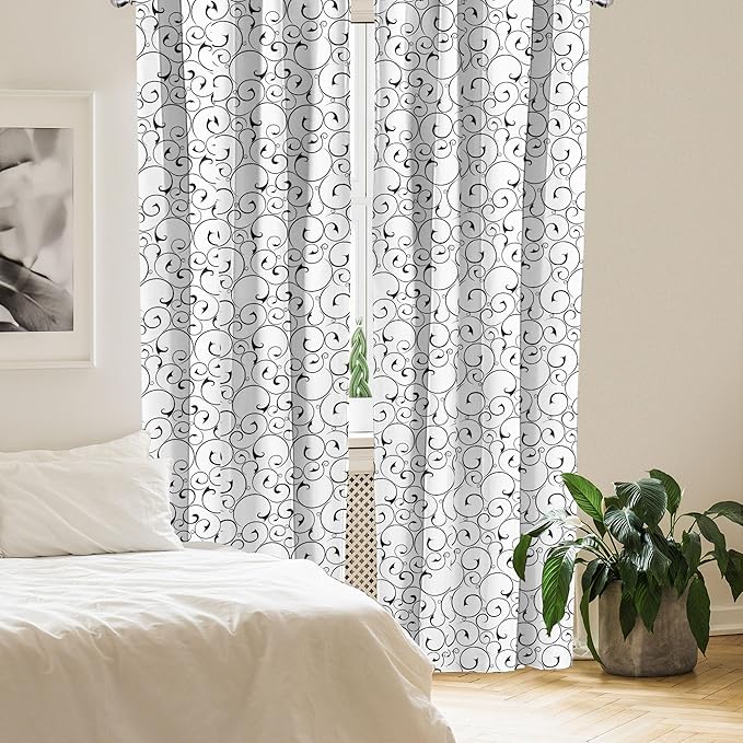 Ambesonne Black and White Window Curtains Pack of 2, Vintage Swirls Pattern with Monochrome Ornamental Old-Fashioned Design, Lightweight Set with Rod Pocket, 4 Panels of - 28" x 95", Black White