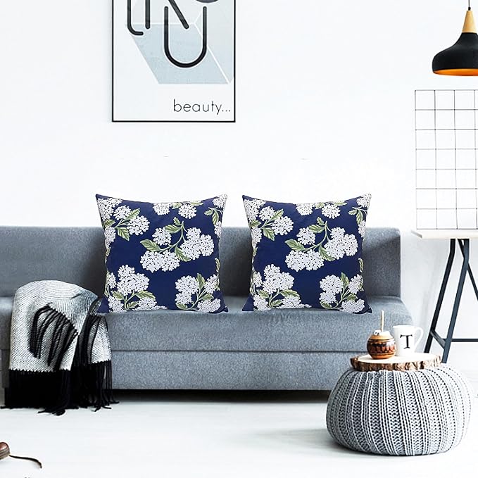 Decorative Throw Pillow Covers Set of 2 Blue Hydrangea Pillow Covers 20x20 inch Super Soft Short Plush Square Floral Throw Pillows,Farmhouse Outdoor Pillow Covers for Couch Living Room