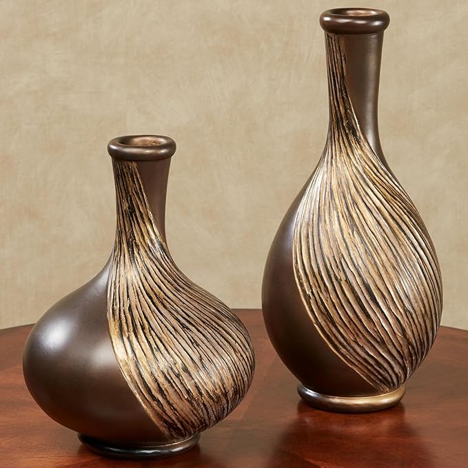 Textured Swirl Golden Bronze Decorative Modern Table Vases Set of 2
