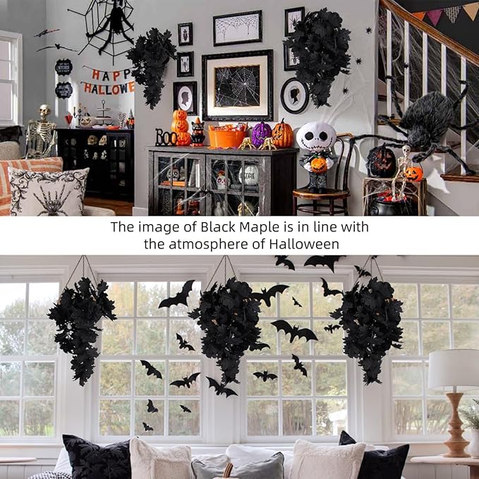 RECUTMS Black Maple Leaf Garland 2PCS Artificial Hanging Fall Halloween Maples Leaves Swag Plants 2.5ft Faux Silk Autumn Garlands for Indoor Outdoor Thanksgiving Party Home Room Fireplace Patio Decor