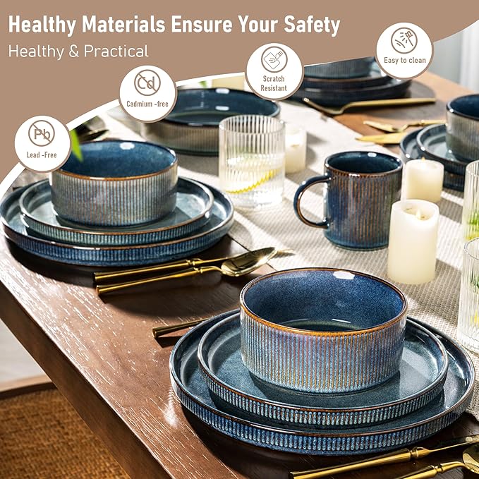 GBHOME Stoneware Dinnerware Sets for 6,Round Reactive Glaze Ceramic Plates and Bowls Set,Highly Scratch Resistant | Dishwasher & Microwave Safe Dishes Set,Service for 6(18Pcs)