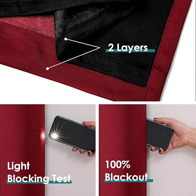 ChrisDowa 100% Blackout Curtains for Bedroom with Black Liner, 2 Thick Layers Total Blackout Thermal Insulated Grommet Window Curtains 2 Panels Set (Burgundy, 42 x 84 Inch)