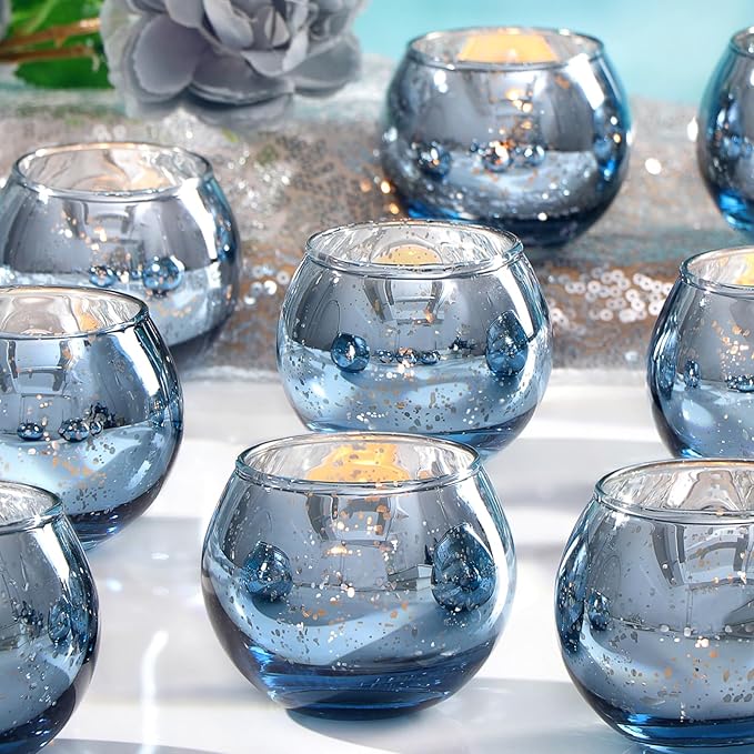 LAMORGIFT 24 Pcs Blue Votive Candle Holders Bulk- Blue Tealight Candle Holders for Wedding Decor, Mercury Glass Votives for Bridal Shower, Baby Shower Table Centerpieces