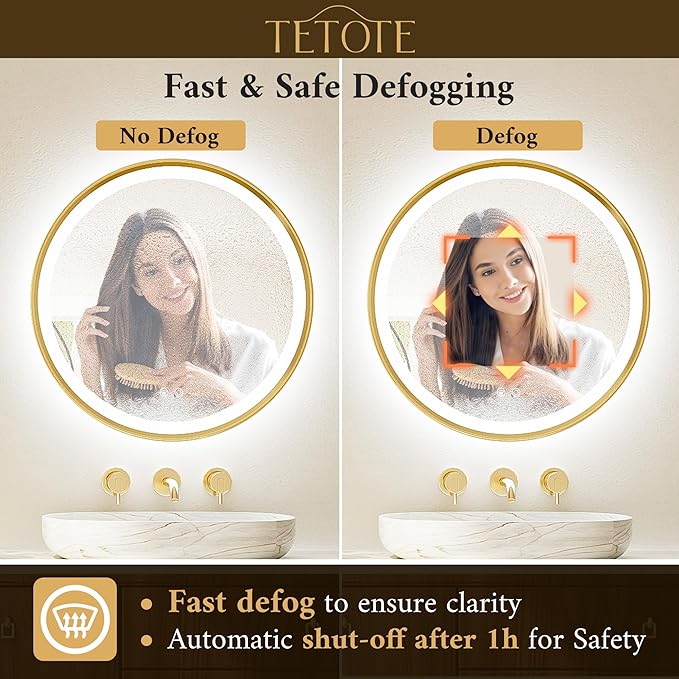 TETOTE Gold Round Led Mirror with Lights 24 Inch Metal Framed Round Circle Lighted Bathroom Vanity Mirror Wall Mounted, Front and Backlit 3 Color Stepless Dimmable Anti Fog, Shatterproof, CRI 90+