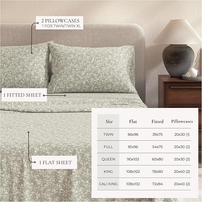 Great Bay Home Flannel Sheet Set California King Size - 100% Turkish Cotton, Double-Brushed, Winter Floral Bed Sheets - Ultra-Soft, Cozy, 4-Piece Bedding Set (ICY Bloom)