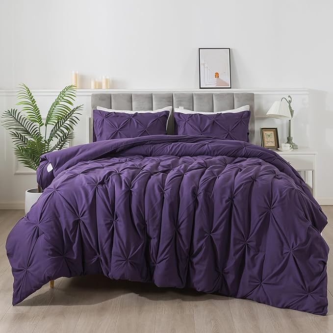 Andency Purple King Size Comforter Set, 3 Pieces Pintuck Lightweight Soft Bedding Comforters & Sets, All Season Microfiber Down Alternative Bed Comforter Set