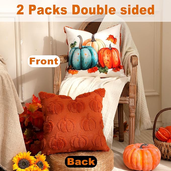 TOYPOPOR Fall Decorations, 2 Packs Double Sided Throw Pillow Covers, Rust Red Soft Faux Fur Pumpkin Pillow Cases Autumn Harvest Thanksgiving Indoor Outdoor Home Decor for Living Room Porch Couch 20x20