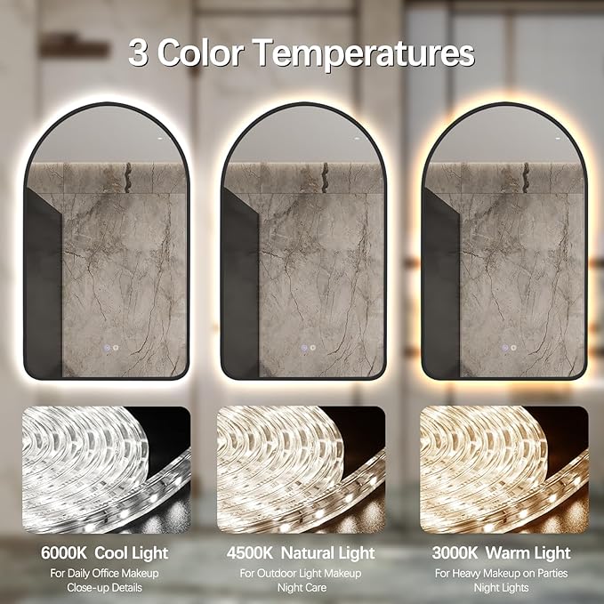 36"x24" Arched LED Bathroom Mirror, Wall Mounted Backlit Mirror with Lights Fog Free Lighted Framed Mirror Smart Anti-Fog 3 Color Temperatures Adjustable Brightness Black