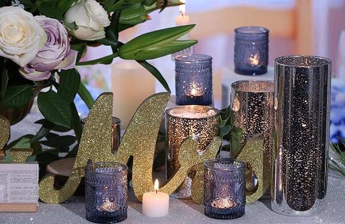 DEVI 24pcs Navy Blue Votive Candle Holders for Table Centerpieces, Blue Tealight Candle Holder for Bridal Shower Decorations, Boho Wedding Decorations for Home Party, Blue Sunflower Decor