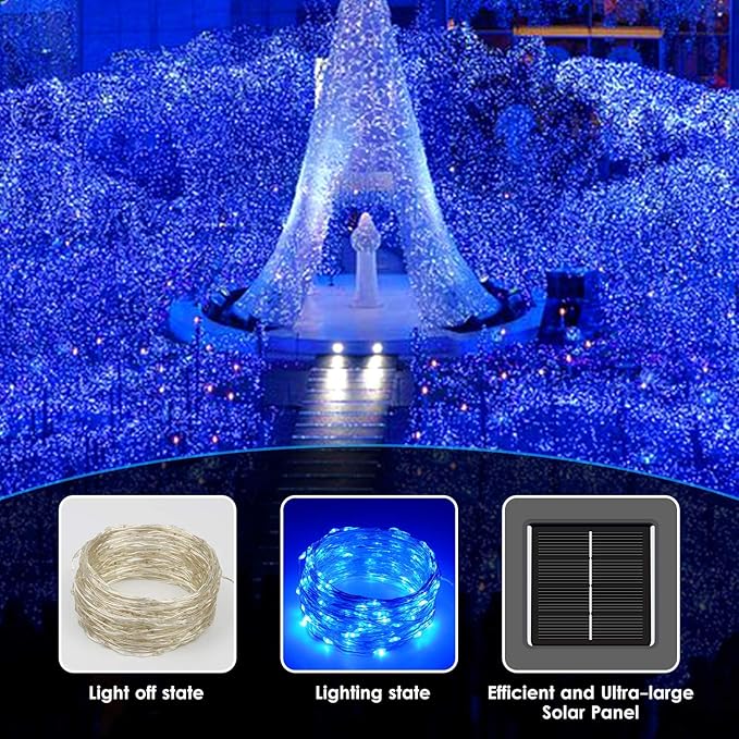 Solar String Lights Outdoor, 2-Pack 144FT 400 LED Solar Christmas Twinkle Lights Outside Waterproof Copper Wire 8 Modes Solar Fairy Lights for Garden Tree Party Birthday Christmas Decor (Blue)